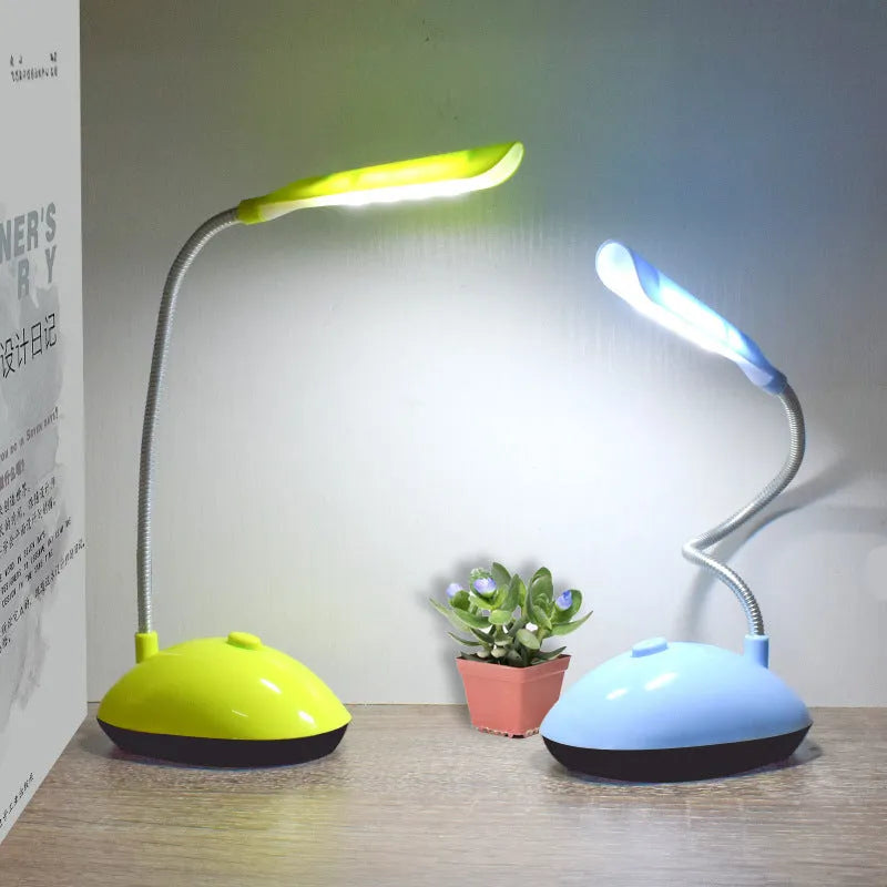 Battery LED desk lamp in white, blue, pink or green, plastic table light for dormitory reading with three No. 7 batteries
