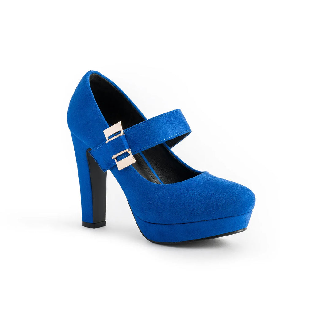 Women's platform chunky heel sandals with 6-8cm heel, PU cloth upper, rubber sole, in blue, black, or rose red