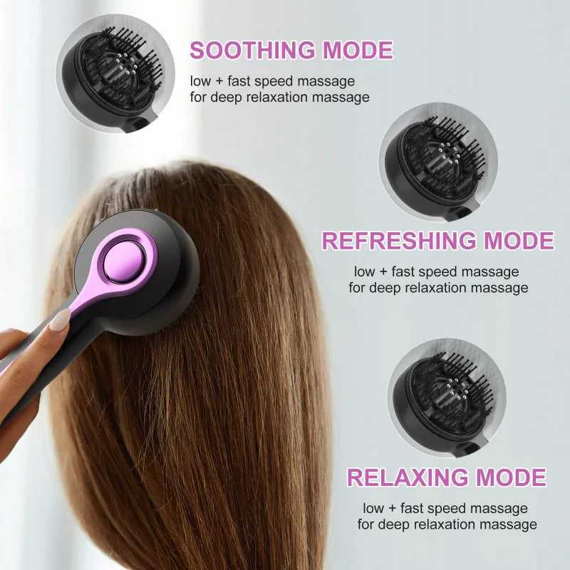 Black USB-rechargeable head massage tingler with comb teeth and mechanical speed switch.