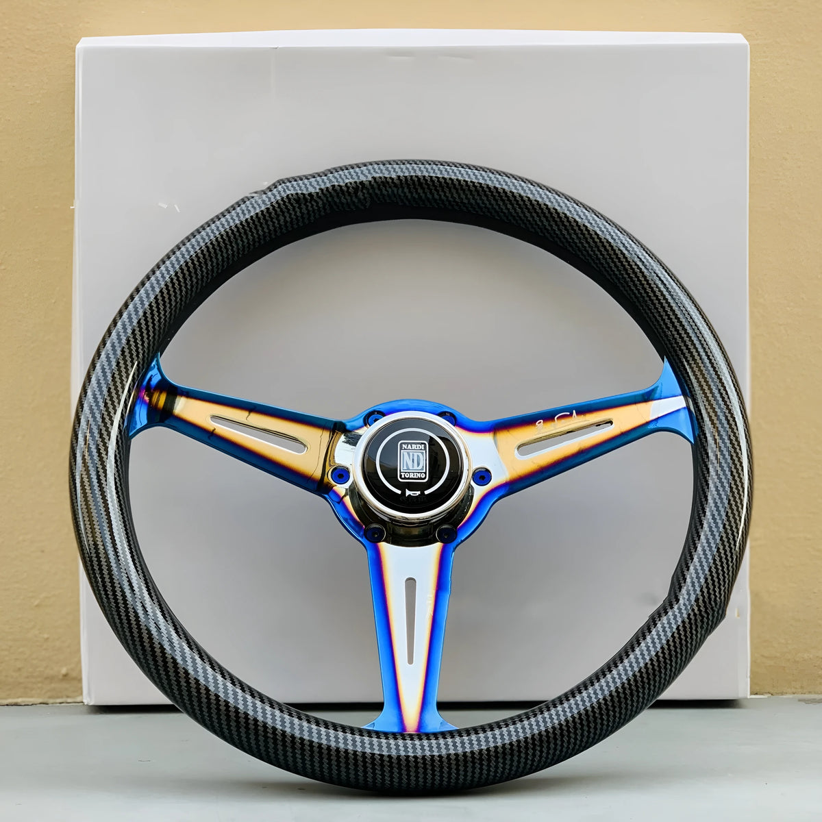 350mm alloy racing steering wheel with baked blue water transfer finish