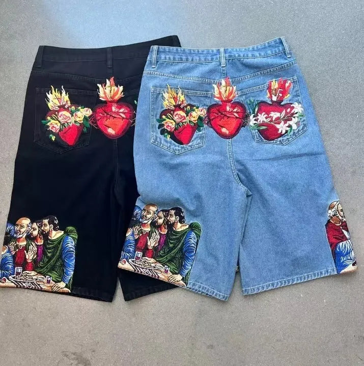 Men's blue cotton tapered shorts with a Jesus print on the back pocket