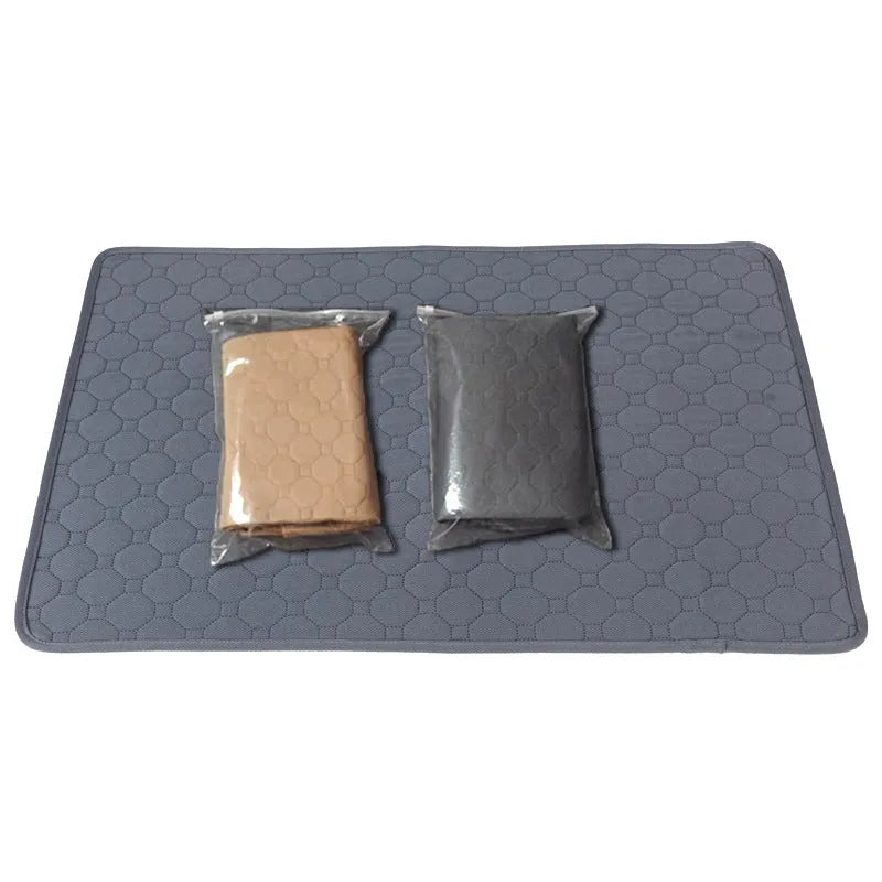 Grey and tan washable dog pee pads measuring 18x24 inches with triple-stitch binding