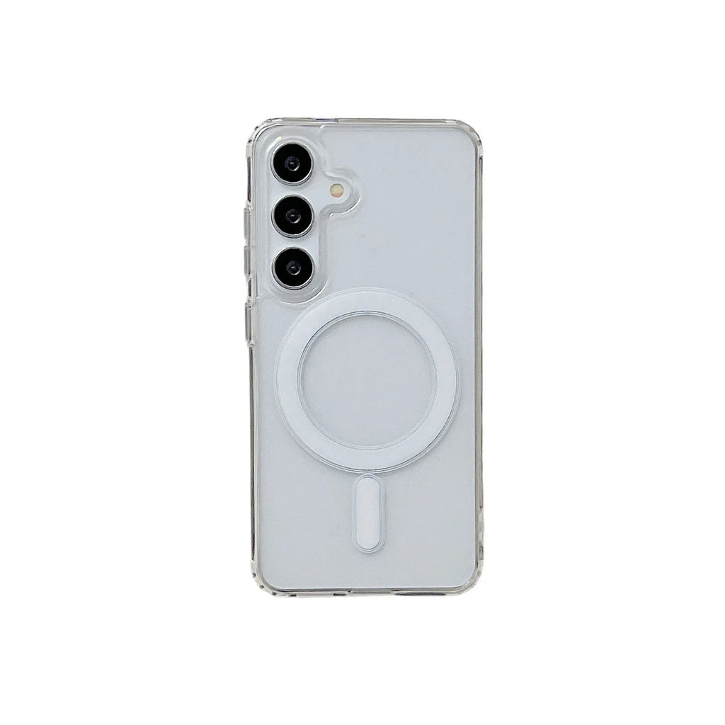 Transparent magnetic silicone phone case for Samsung Galaxy smartphones showing clear design and magnetic features