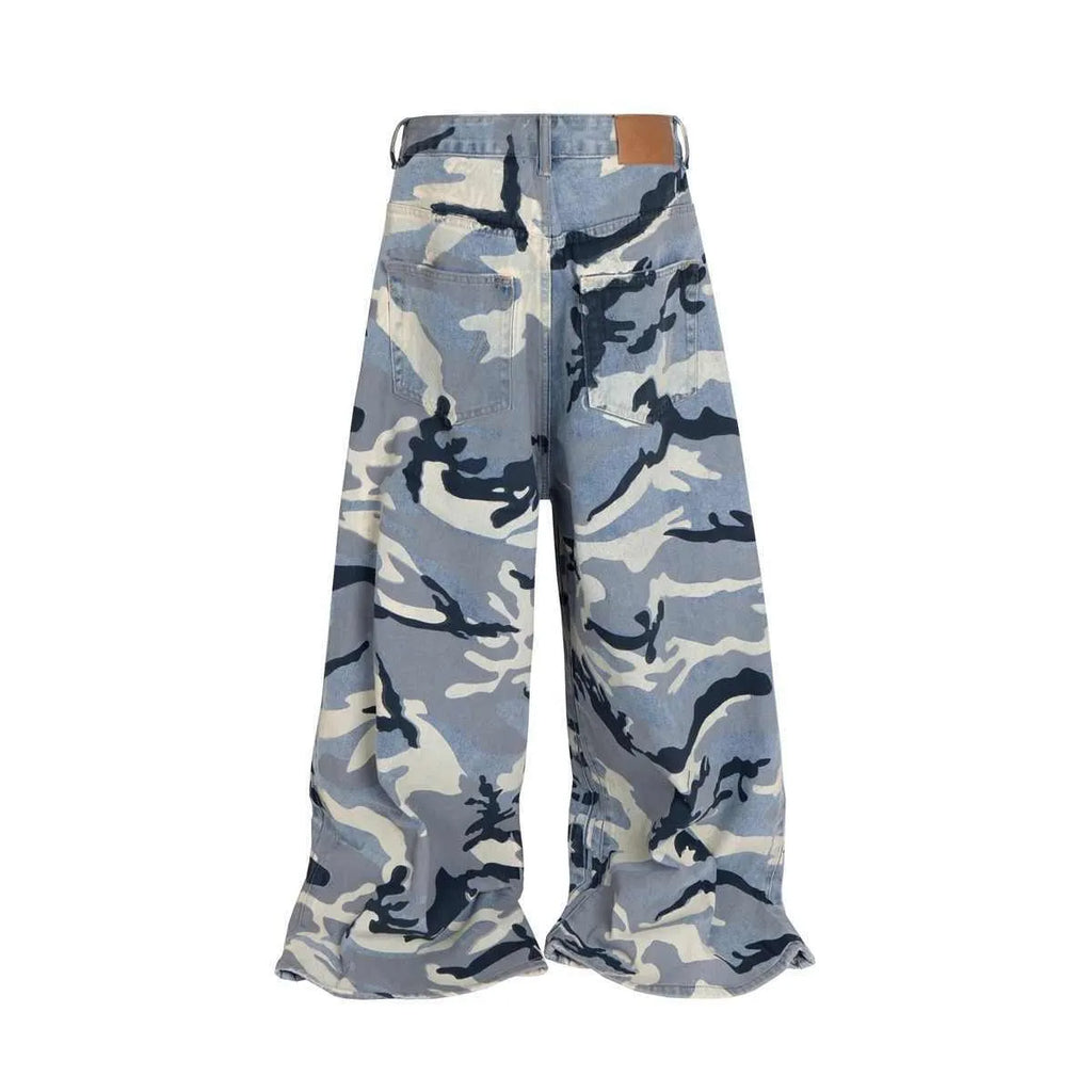 Snow camouflage blue jeans loose fit micro-elastic denim trousers mid waist