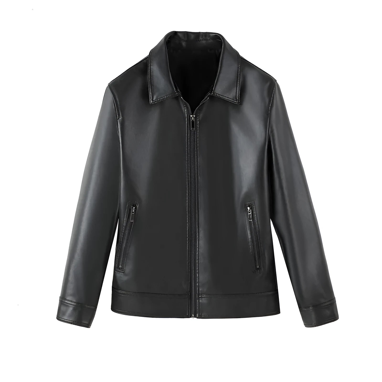 Men's black PU leather jacket with zippered pockets and loose fit design