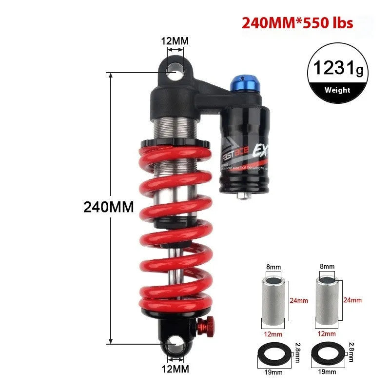 Red aluminium spring shock absorber for mountain bike with adjustable settings and 550lb rating