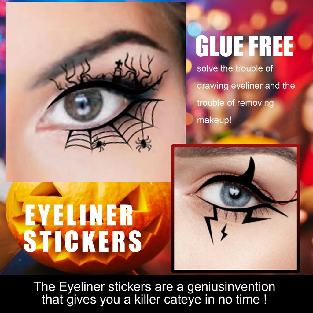 Bat and spider motif eyeliner stickers set with 8 pairs for decorative eye makeup