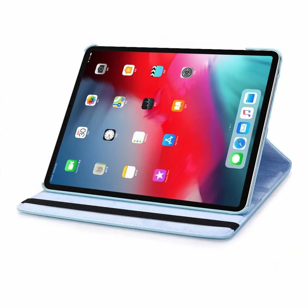 iPad rotating protective sleeve in imitation leather clamshell case showing multiple colour options