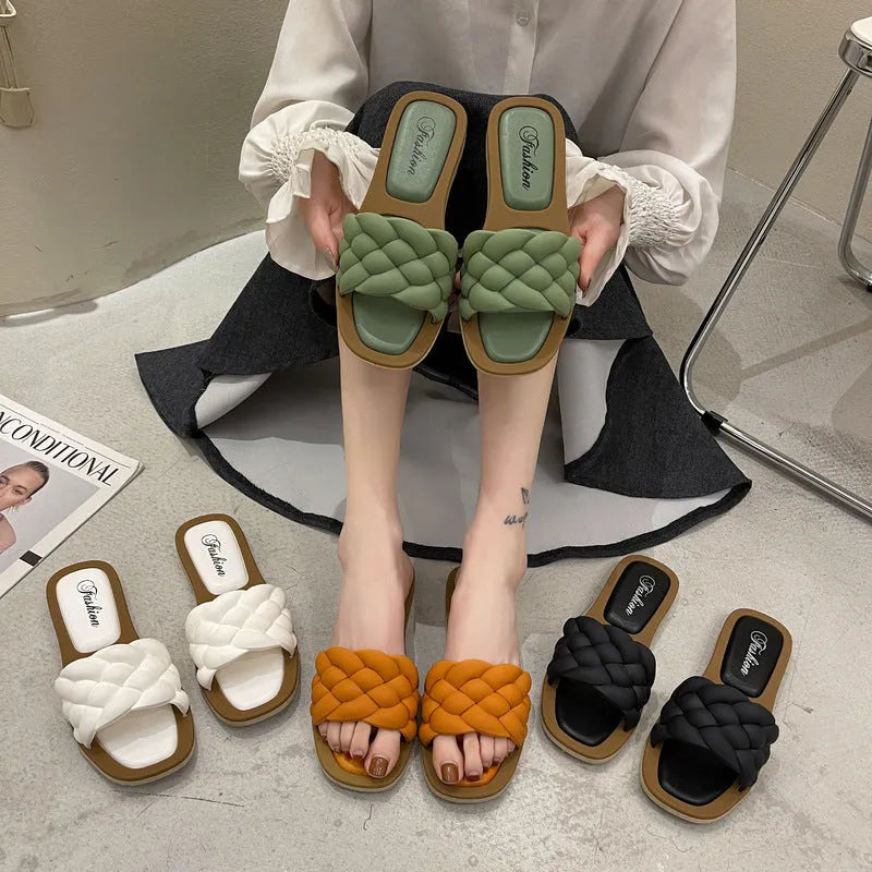 Women's plaid pattern PVC beach sandals with thick anti-skid sole in black, green, orange, or white.