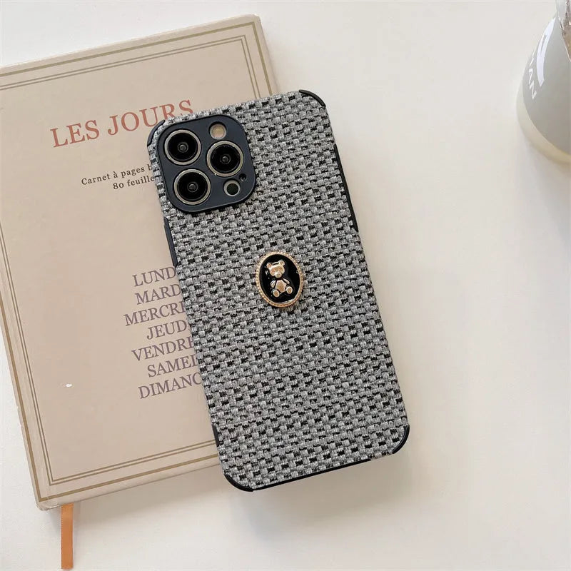 Woven bear flannelette phone case for iPhone in colourful pink with cute Japanese Korean cartoon design