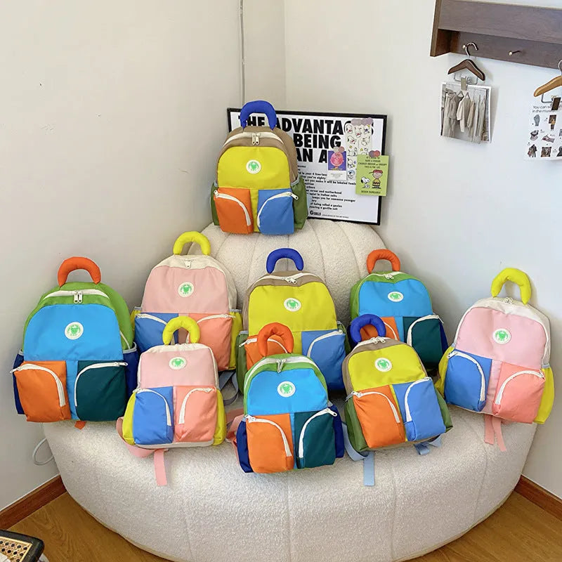 Children's trendy backpack lightweight Oxford cloth solid colour school bag blue pink yellow