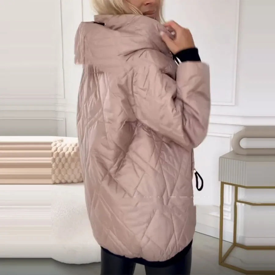 Women's casual hooded coat in black or pink with regular sleeves and polyester fabric