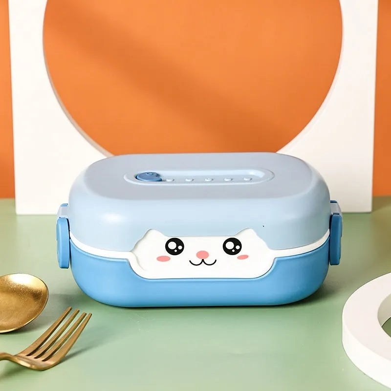 Square divided plastic lunch box with cartoon design elements in multiple colour options