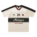 Apricot coloured men's V-neck loose sports jersey with letter print and drop shoulder sleeves.