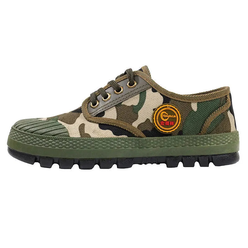 Men's spring breathable canvas low-top camouflage training shoes with non-slip sole in army green