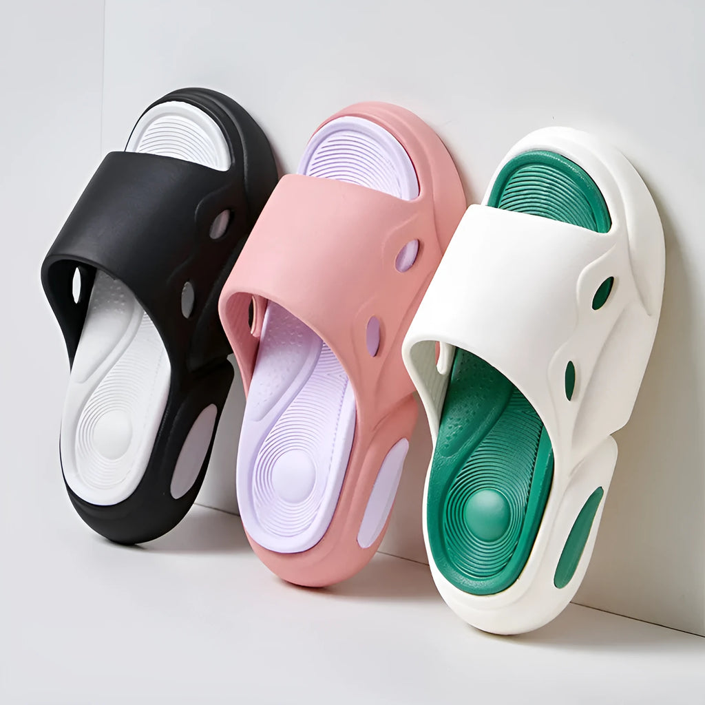 Women's and men's EVA thick-soled couple slippers in two-colour combinations with leather lining