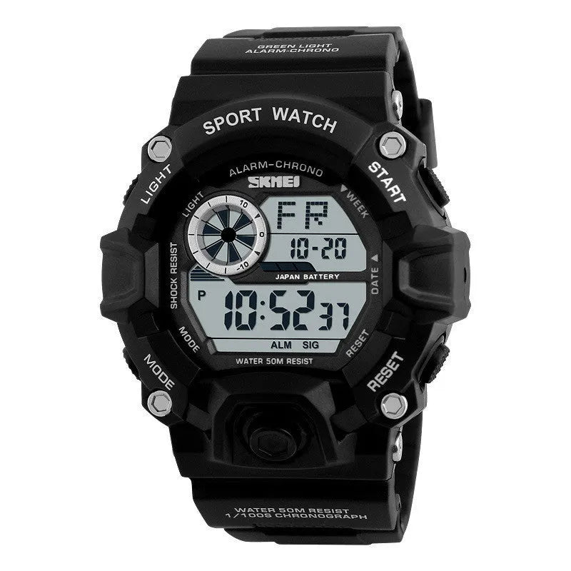 Men's digital sport watch with round dial and plastic strap in army green colour