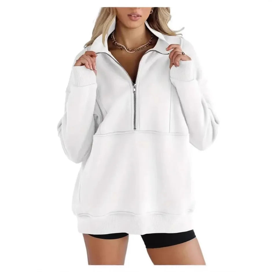 Women's loose polyester brushed hoody with zipper pocket in street hipster style, roomy fit, thick fabric