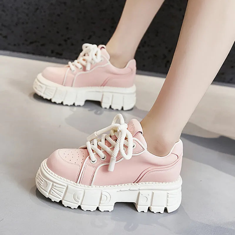 Women's beige leather casual shoes with muffin bottom height-increasing design