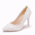 White pearl lace pointed toe stiletto heel wedding sandals with PU upper and rubber sole