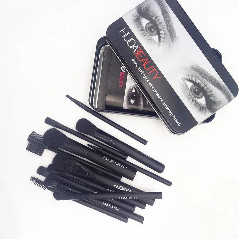 12-piece black makeup brush set in metal tin box with wooden handles and corrugated silk nylon bristles