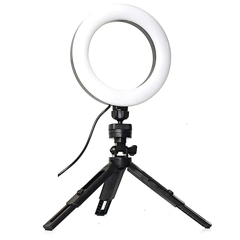 Black neutral style mobile phone live streaming bracket with adjustable colour fill light on a desktop tripod.