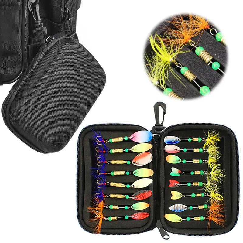 16-piece composite sequin fishing bait set in 1680D Oxford cloth and EVA case measuring 16x11x5 cm
