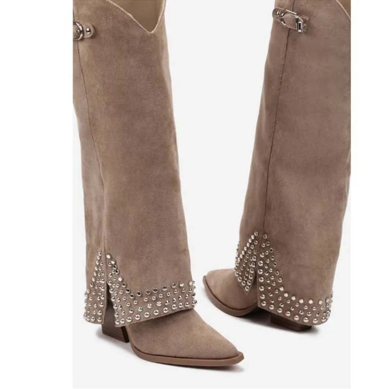 Women's black frosted rivet pantyhose boots with rubber soles and microfiber suede leather upper