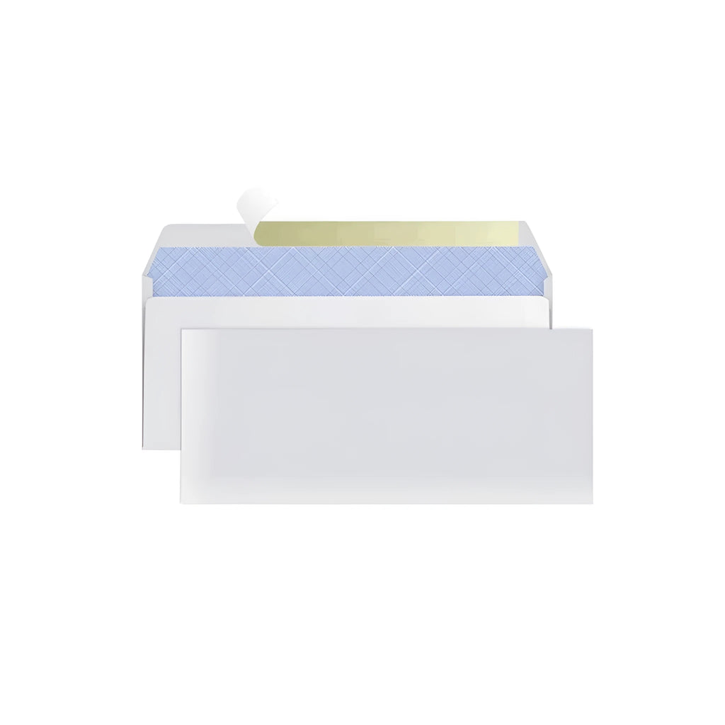 Blue anti-opening confidential envelope showing self-adhesive closure and 105x240mm dimensions