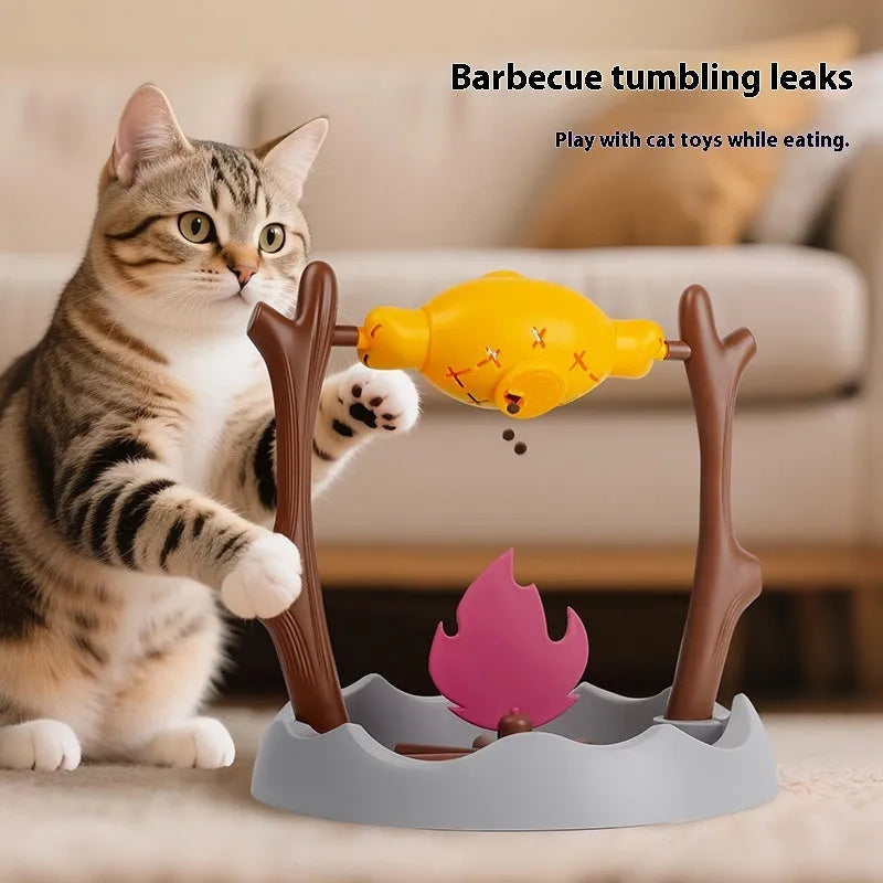 Barbecue-themed cat tumbling puzzle feeder toy with treat dispensing mechanism