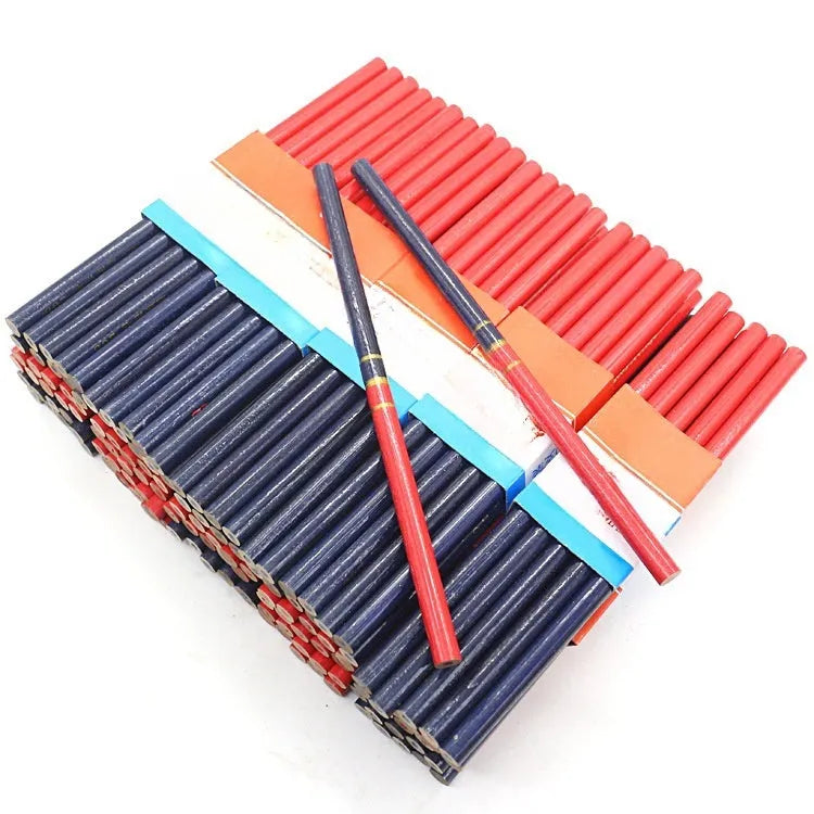 Ten red and blue round wooden carpenter's pencils for construction marking.
