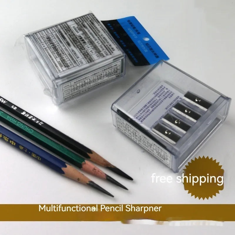 Geometric plastic pencil sharpener with four holes and screwdriver for art supplies