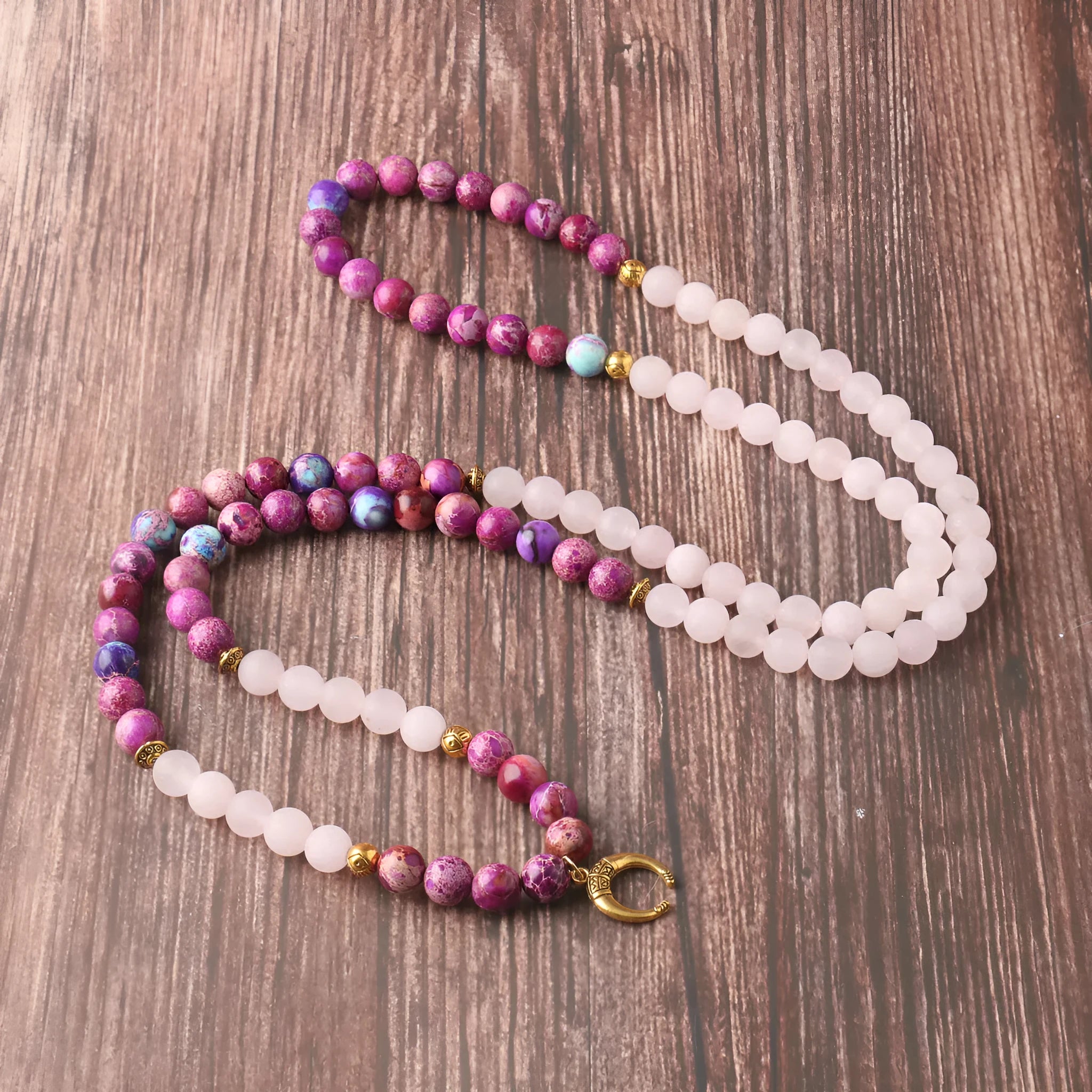 Pink crystal beads and Emperor Stone round pendant on women's personalised necklace