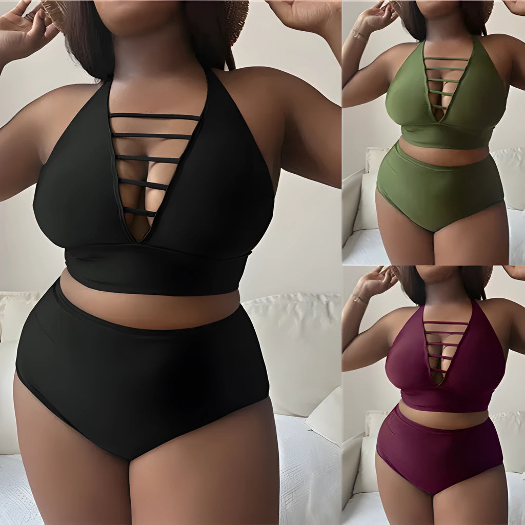 A plus size woman modelling a solid colour halter bikini with adjustable cross-back straps and high-waist briefs.