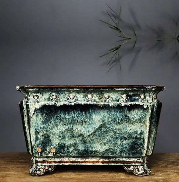 Large handmade ceramic flower pot with crackle glaze surface in dark, light mung bean or white, Chinese style