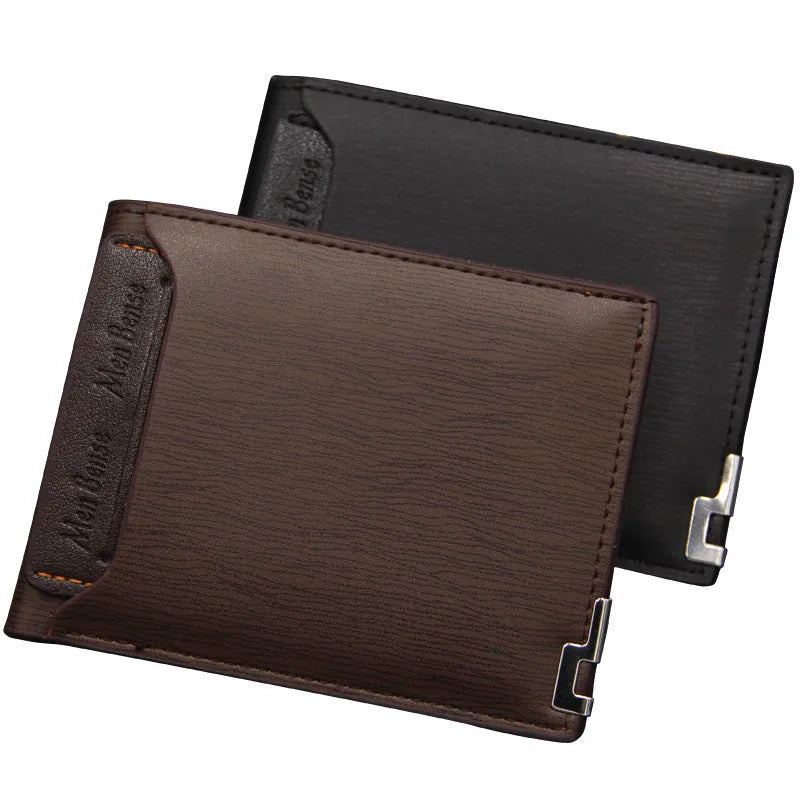 Men's casual short wallet in PU with iron-edge card-picking design, shown in black, dark coffee, and light coffee.