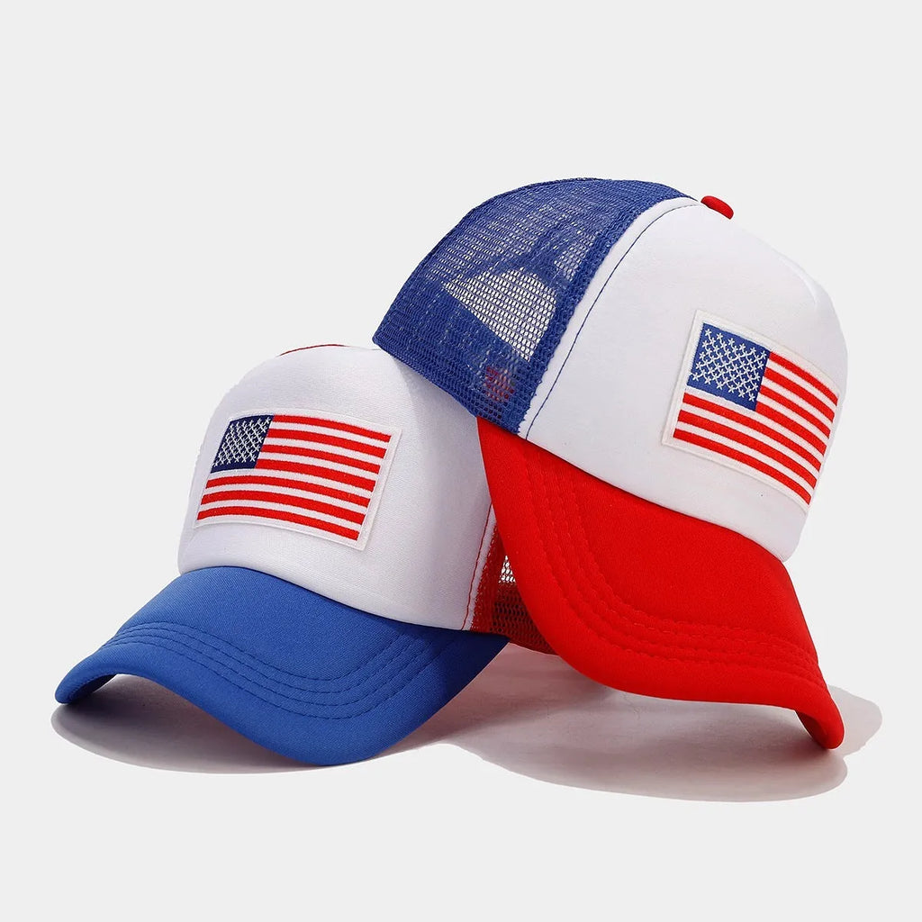 Red and blue colour block mesh baseball cap with adjustable strap on a dome crown.