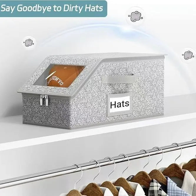 Grey foldable woven fabric storage box with lid, shown with dimensions 42cm by 22cm by 17cm.