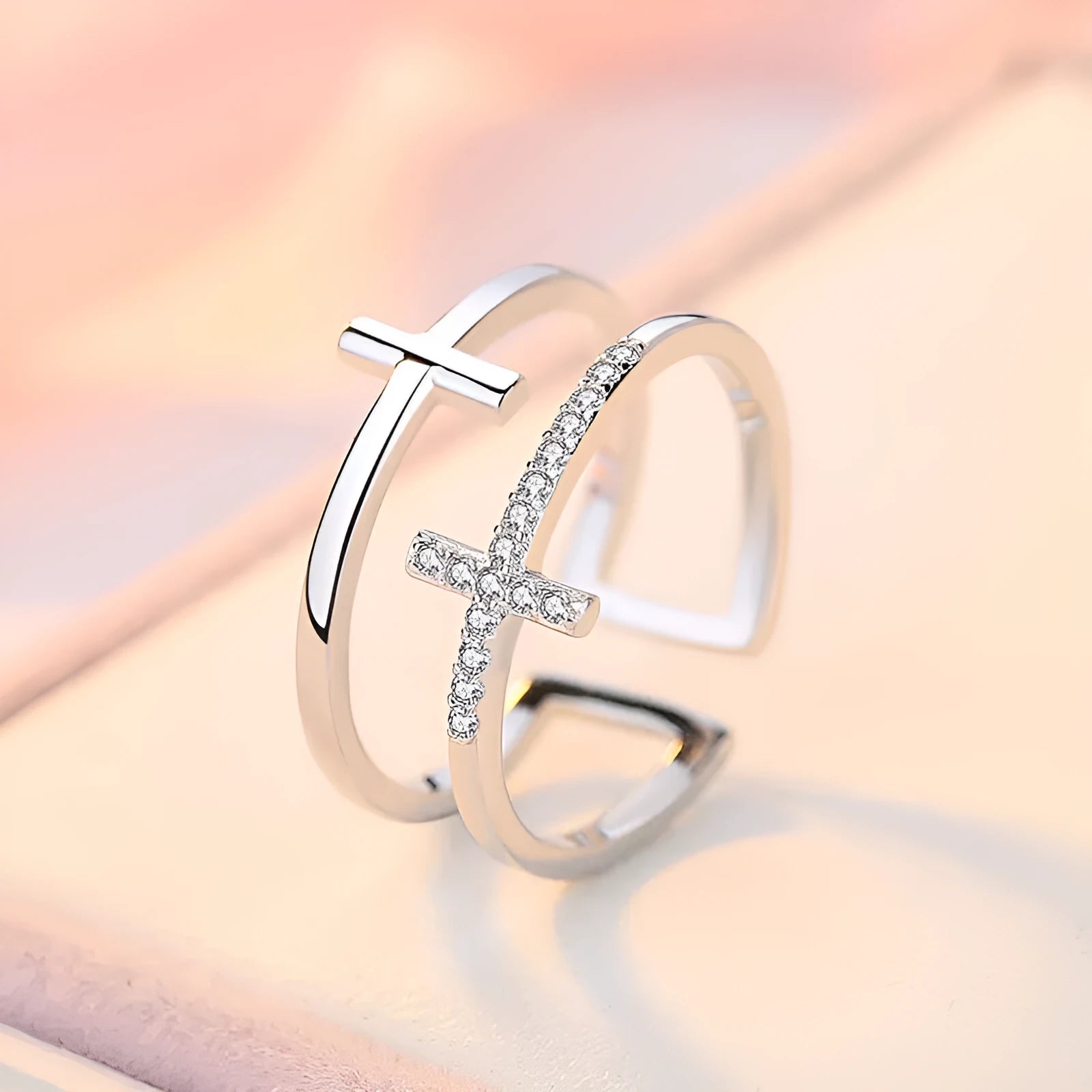 Double cross miniature copper ring with zircon inlay and adjustable open band, gold finish