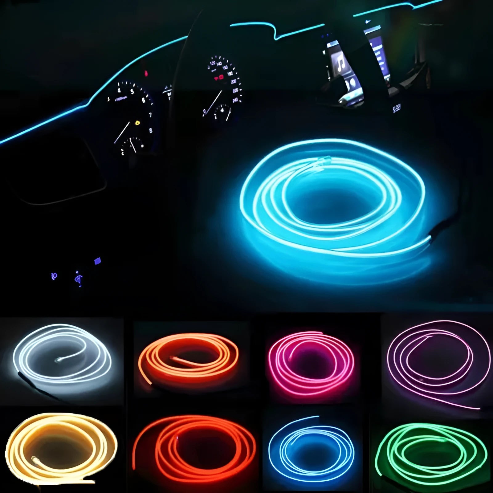 Six-metre long USB-powered LED light strip for car interior ambient lighting in various colours.