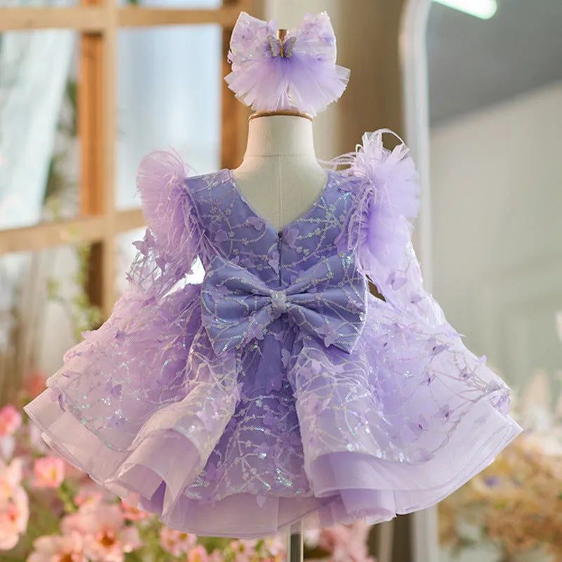 Butterfly sequined long sleeve princess dress for children in dream purple colour, suitable for heights 80cm to 160cm