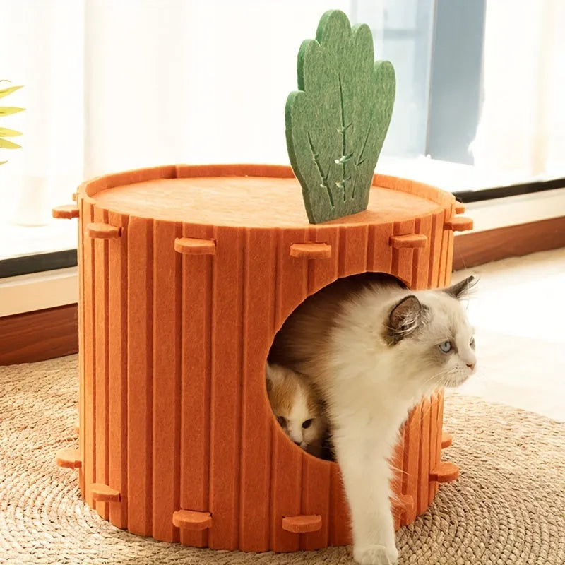 A soft grey felt cat tunnel nest with a round entrance, shown in two different sizes.