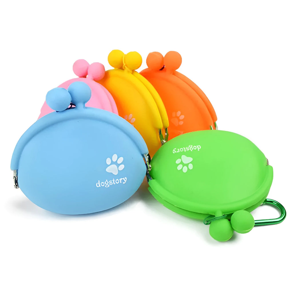 Silicone dog training treat pouch with hook-and-loop strap in blue, green, orange, pink, or yellow