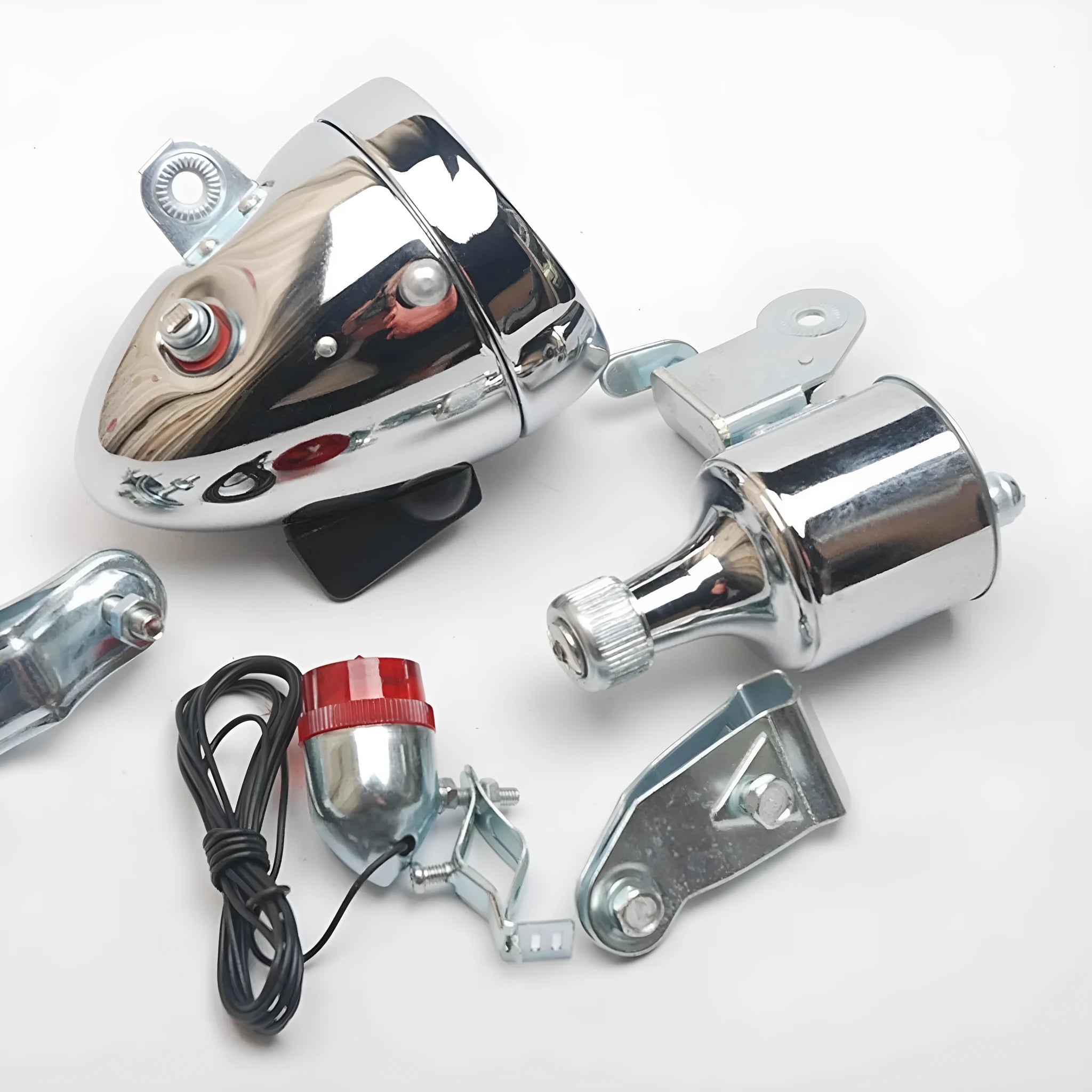 Silver bicycle generator light modification kit for friction-powered front and rear lighting