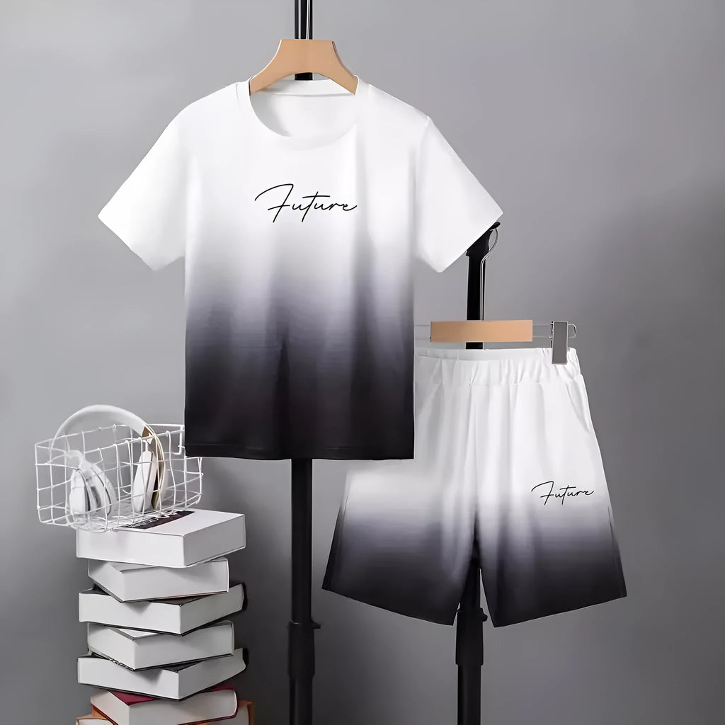 Boys' casual short sleeve t-shirt and shorts two-piece summer set with cartoon pattern in multiple colours