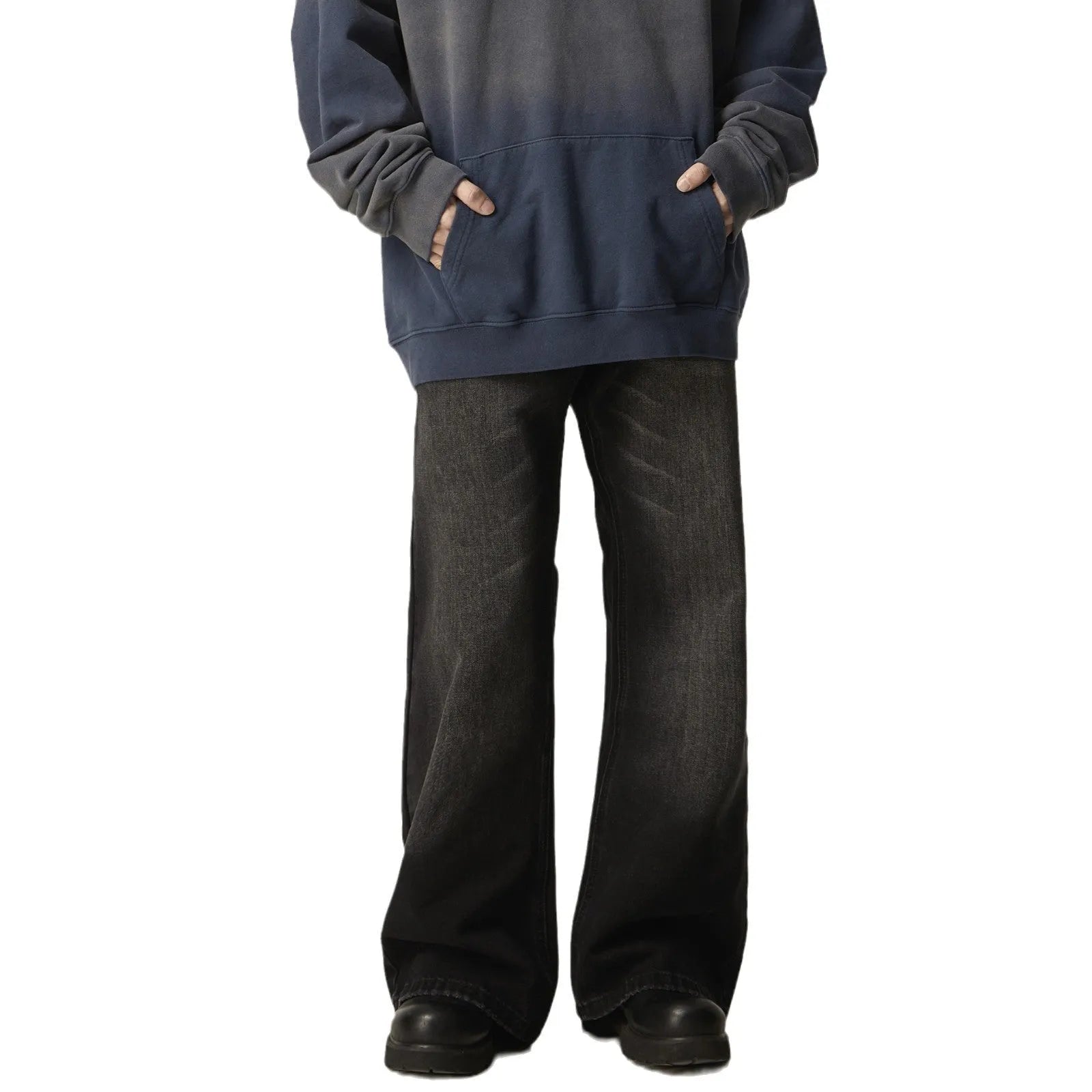 Black loose straight retro jeans with zipper fly on size chart background