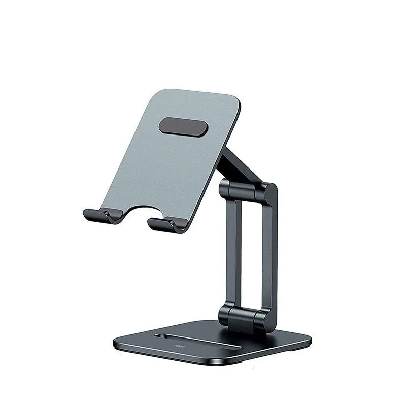 Deep space grey aluminium alloy folding stand holding a tablet and mobile phone separately