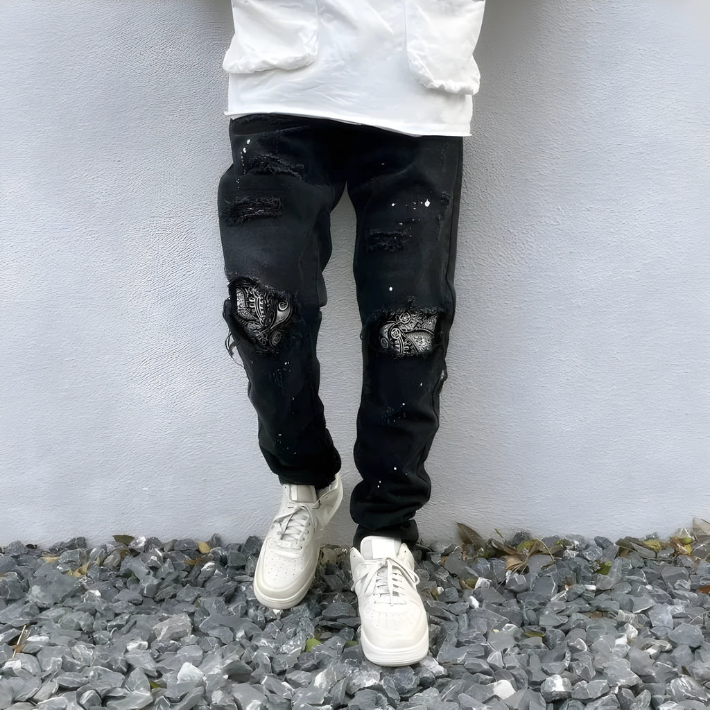 Occasional High Street black broken jeans for men with patch detailing and straight leg