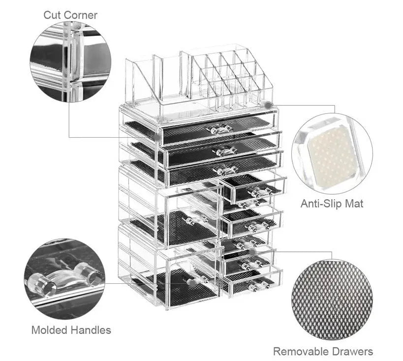 Three-layer acrylic cosmetics storage box in transparent colour showing stacked compartments