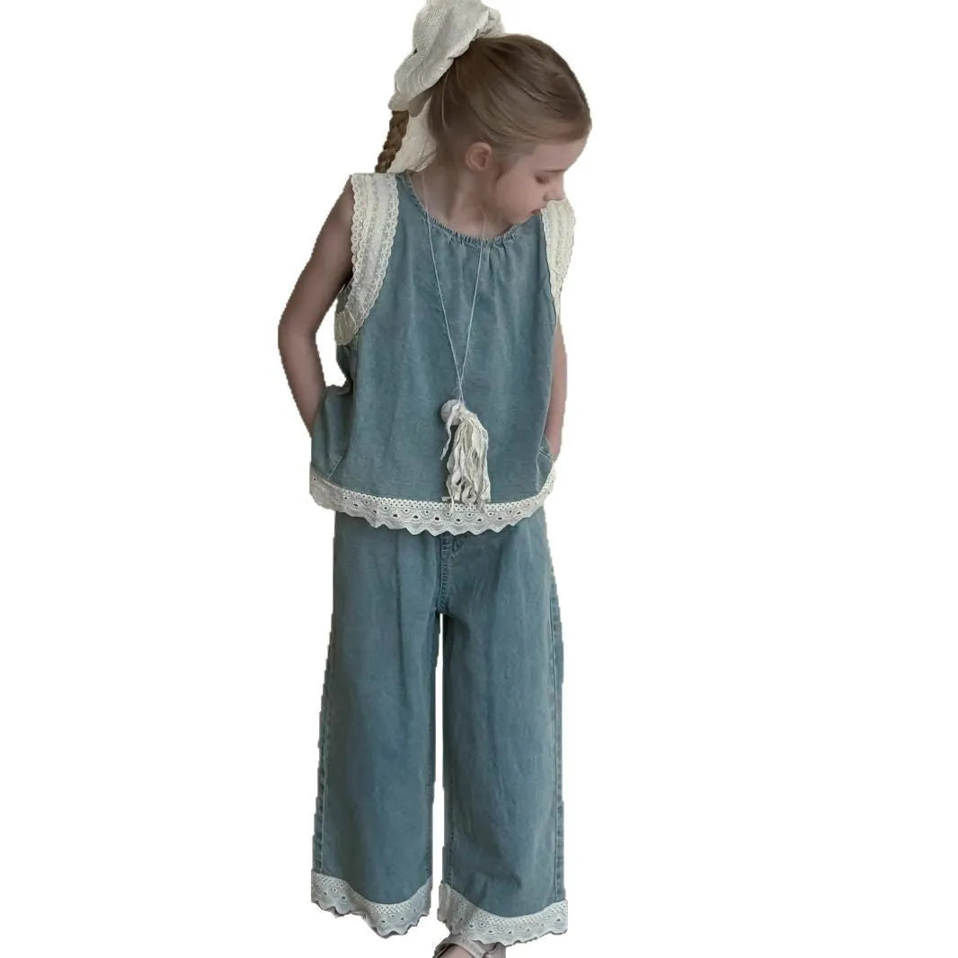 Light blue girls' lace trim denim cropped wide-leg pants and sleeveless vest two-piece set on model